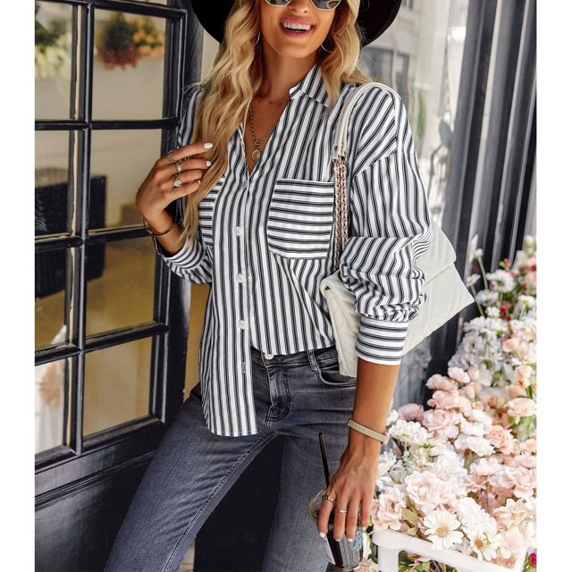 Camisa de rayas para mujer, blusa de rayas para mujer, blusa de rayas para mujer, blusa de manga larga para mujer, confeccionada con cuidado