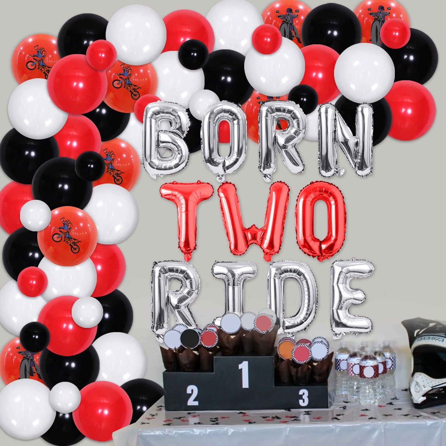 Motorcycle 2nd Birthday Party Decorations for Boy, Motorcycle Born Two Ride Balloon Banner with Black Red Balloon Garland Arch Kit for Racing Theme 2 Years Old Kid Birthday Supplies