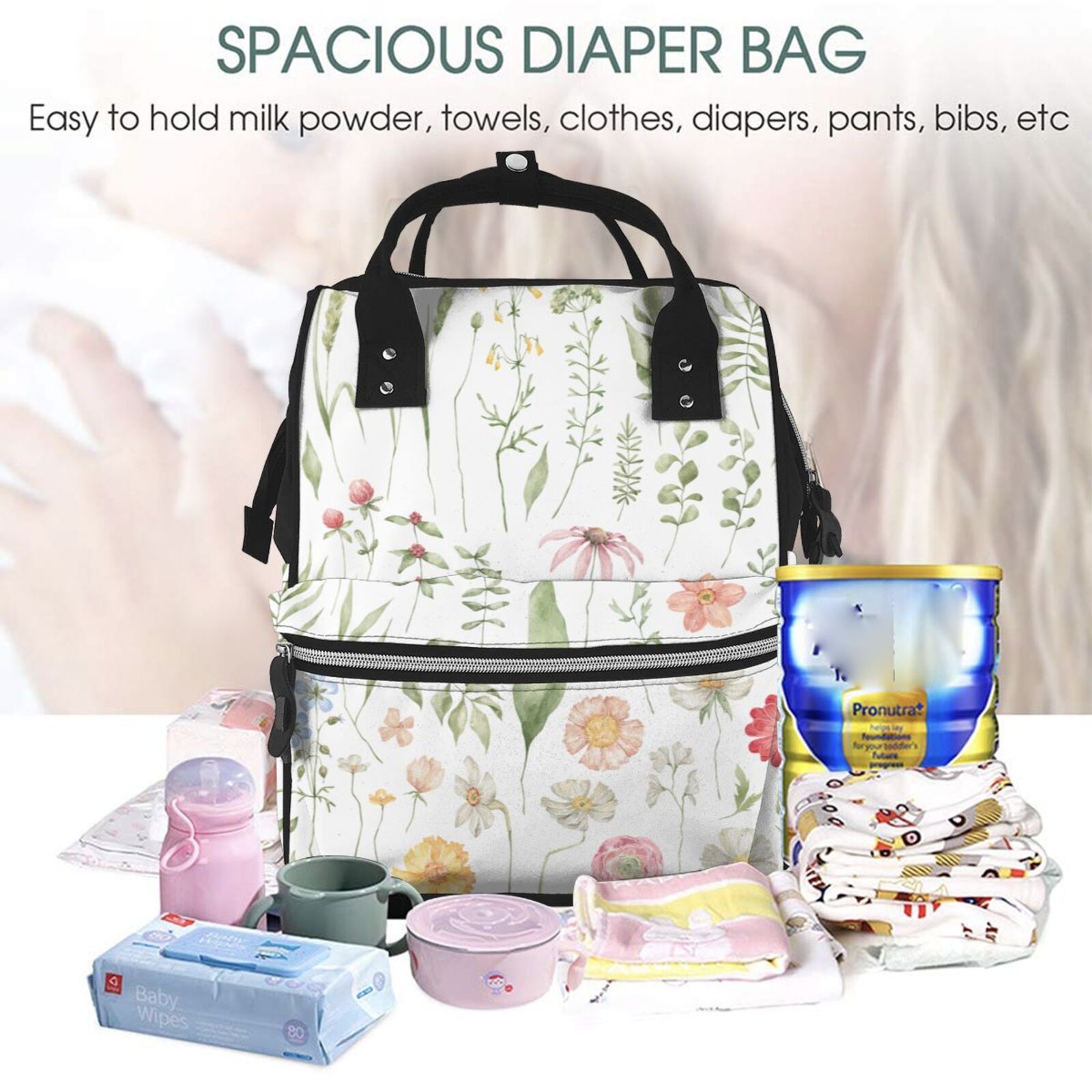 Ratiio Wildflower Watercolor 2 Mummy Backpack - Waterproof Twill Canvas, Large Capacity Diaper Bag with Multiple Pockets and Adjustable Straps