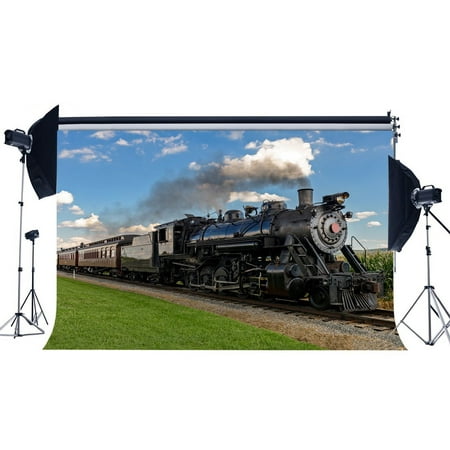 HelloDecor Polyster 7x5ft Photography Backdrop Locomotive Vintage Steam Train Railroad Tracks Grass Field Bule Sky White Cloud Travel Backdrops for Baby Kid Lover Wedding Background Photo Studio (Best Cheap Steam Backgrounds)