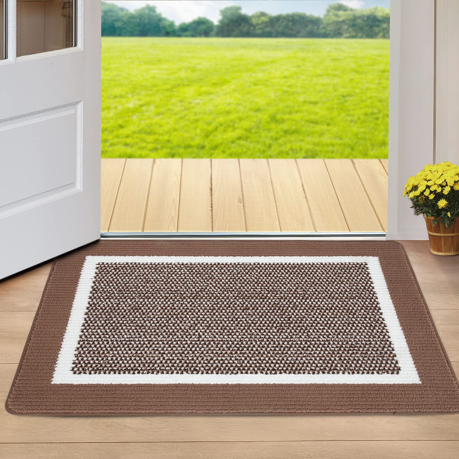 MeyJey Indoor Outdoor Doormat, 24x36 Non-Slip Absorbent Low Profile Front Door  Mats, Brown 