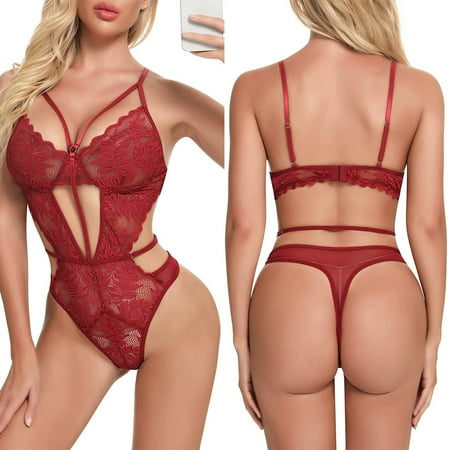 

Nokiwiqis Women Lace Lingerie Hollow Out Strappy Deep V Neck Mesh Bodysuit