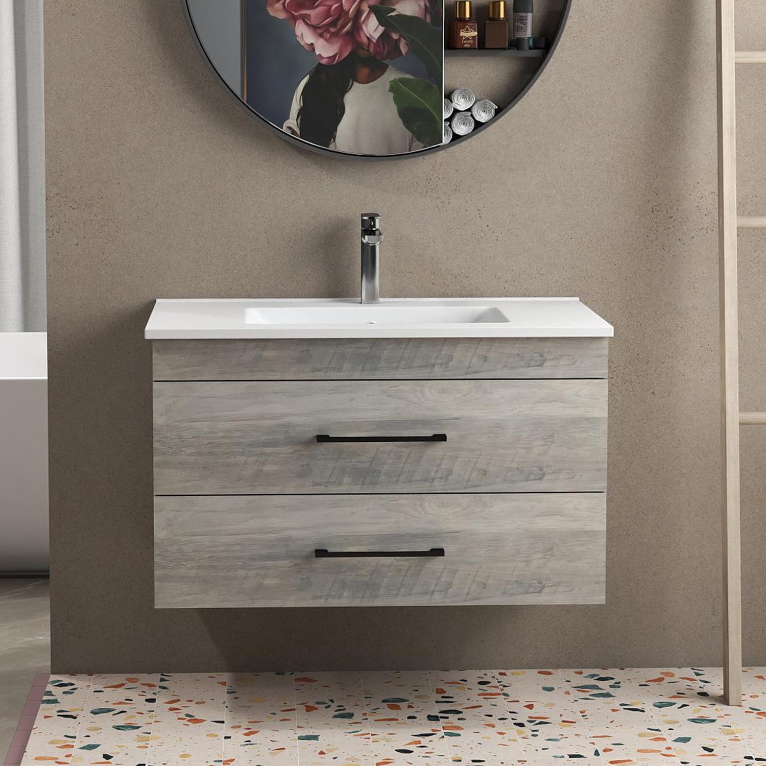 Demi Bonn 32" Wood Grain Wall-Mounted Bathroom Vanity with Ceramic Sink and 2 Soft-Close Drawers, Faucets and Drains Not Included, Gray