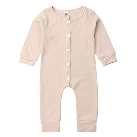 

Canrulo Infant Newborn Baby Girl Boy Long Sleeve Solid Color Ribbed Knit Button Romper Brown 18-24 Months