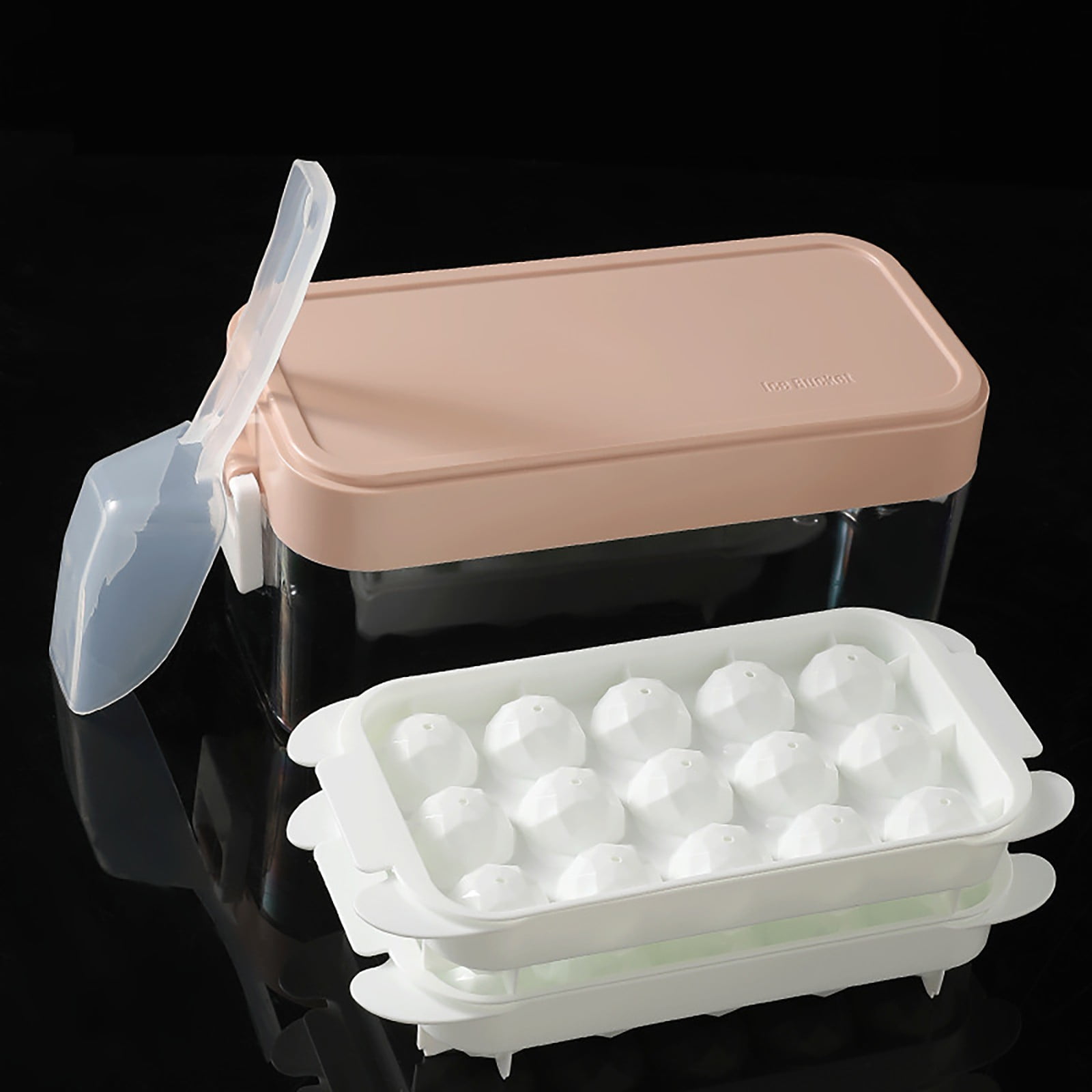 Press Type Ice Cube Touch Tool,28Pieces Single Layer Silicone Ice Tray with Lid and Storage Box Easy Release Container Scoop Square Ice Tray