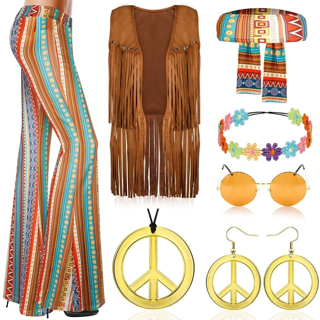 Disfraz Hippie Mujer Mukum 8 Piezas Conjunto Pantalones Acampanados Años 70