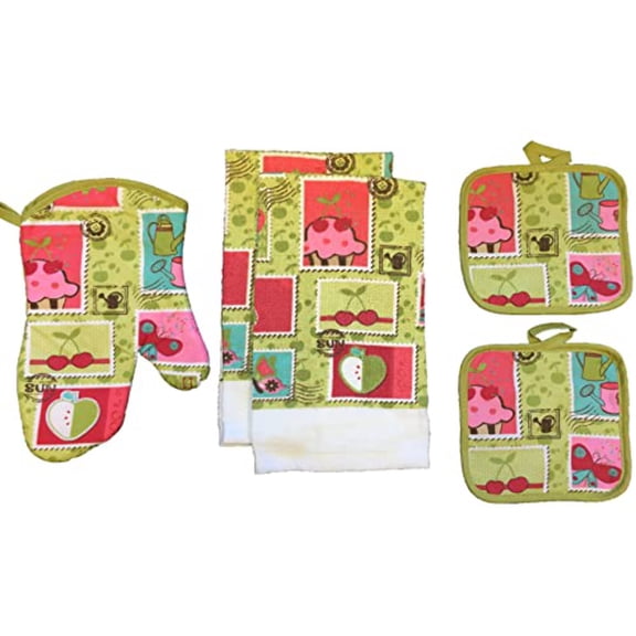 Summer Collection Watering Can, Butterfly, Ice Cream Design 100% Cotton Printed Kitchen Linen Set of 5 Includes 2 Kitchen Towels, 2 Potholder  Oven mitt Kitchen Décor for Cooking, Baking, Barbecue
