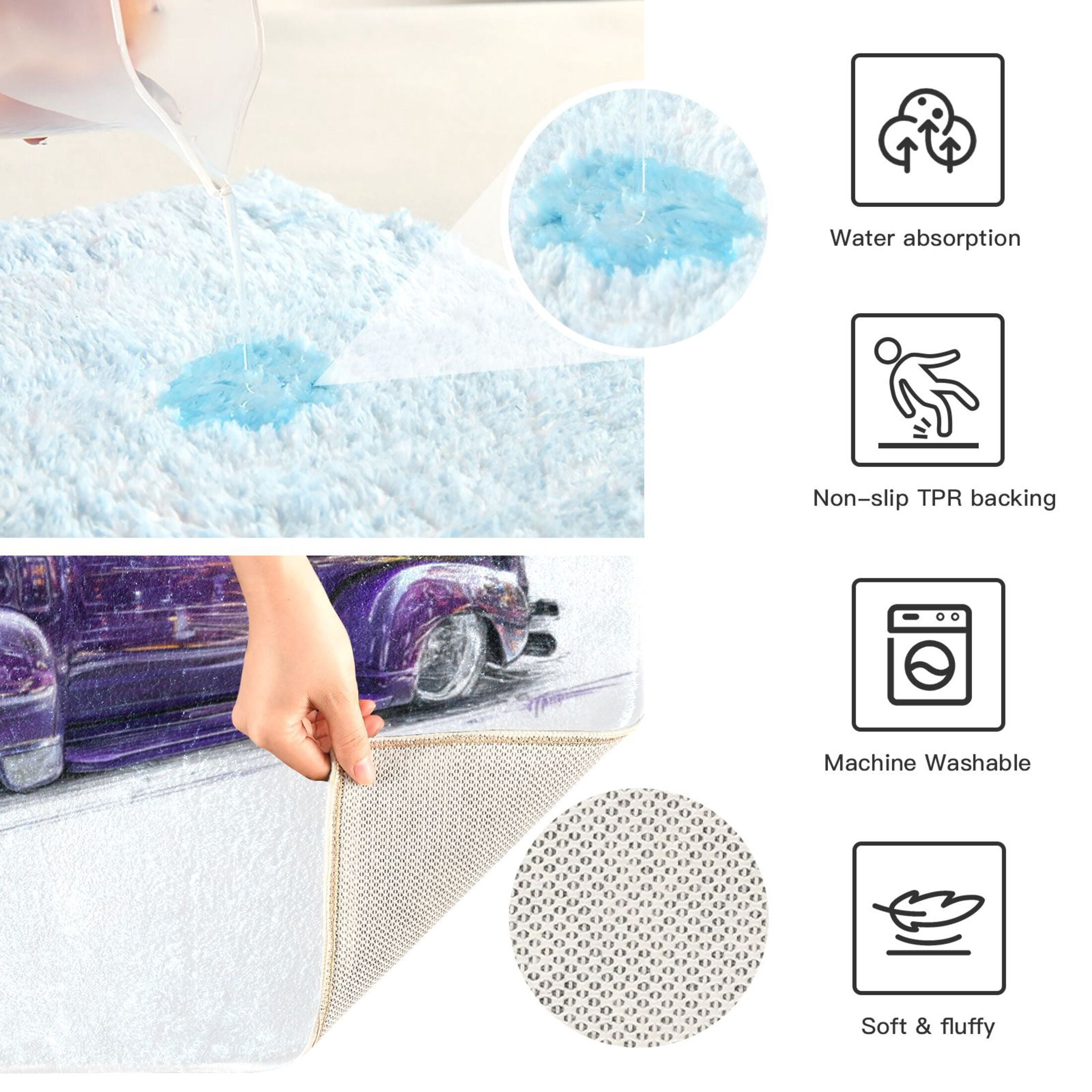 RMDQTR 2PCs Bathroom Rugs Set Plush Toilet Base Mat 16" × 24" Bath Mat and 20" × 24" U Shape Soft Rugs Non Slip Absorbent Vintage Purple Truck City Art
