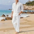 thumbnail image 2 of MASRIN Men's 2 Piece Cotton Linen Sets Casual Long Sleeve Stand Up Collar Henley Shirts and Loose Pants with Pockets Beach Vacation Outfits, White, XL, 2 of 5