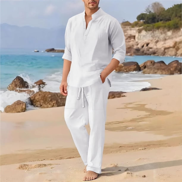 Ceisia Men's Loose Fit Pre-Shrunk Linen Stand-Up Collar Henley Top & Wide-Leg Pants Set | Beach Casual Two-Piece Outfit Gifts
