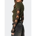 thumbnail image 4 of Women'S T-Shirt Slim Fit Lace Panel Sleeves Crop Top with Thumb Hole Round Neck Y2K Style for A Trendy Look  Green L, 4 of 5