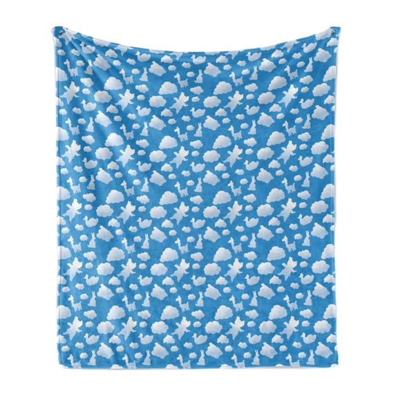 Cloud Soft Flannel Fleece Blanket, Abstract Arrangement of Clouds Duck Bear and Rabbit Shapes Nursery Theme Cartoon, Cozy Plush for Indoor and Outdoor Use, 50" x 70", Blue and White, by Ambesonne