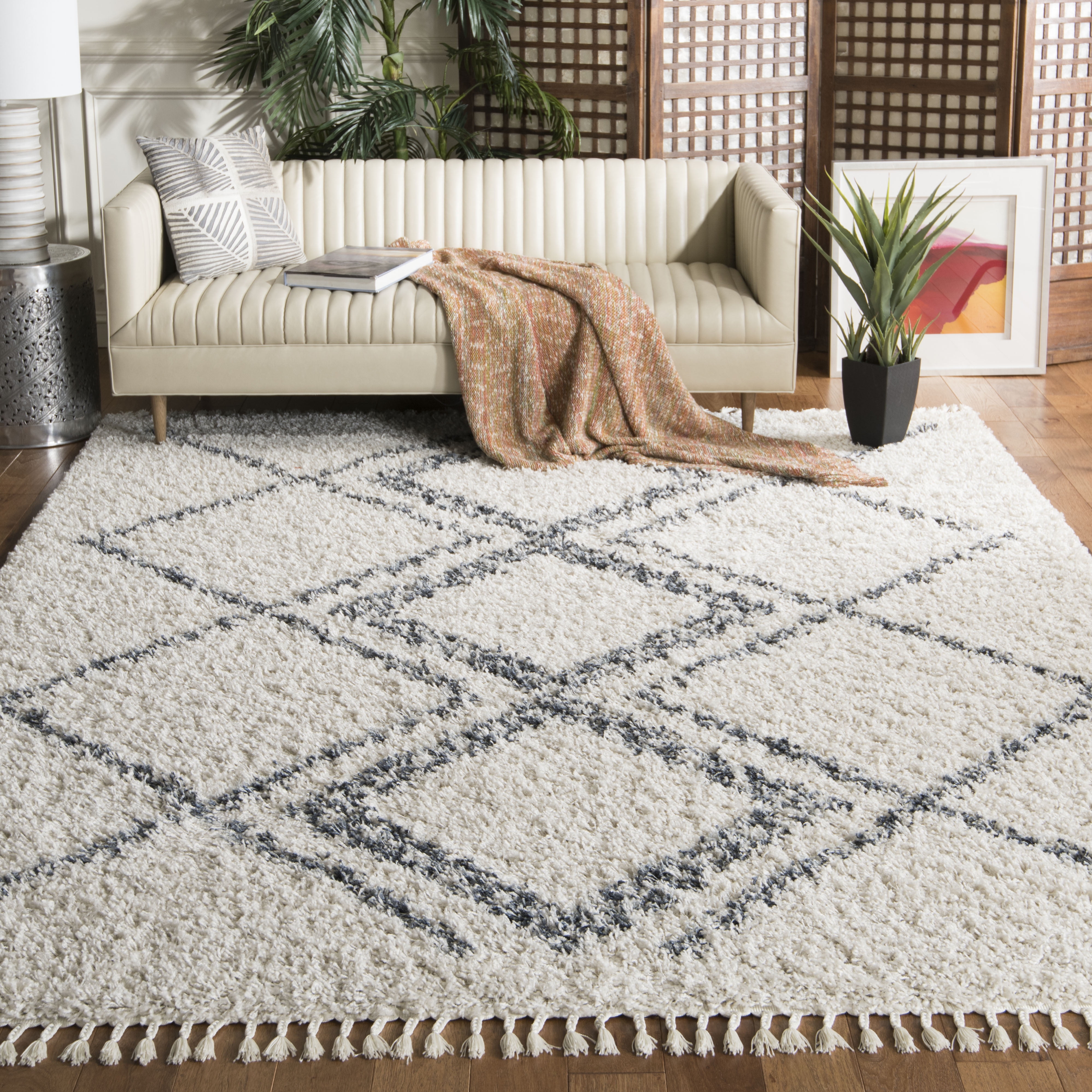 SAFAVIEH Pro Lux Emmeline Geometric Shag Area Rug, Cream/Blue, 9' x 9' Square