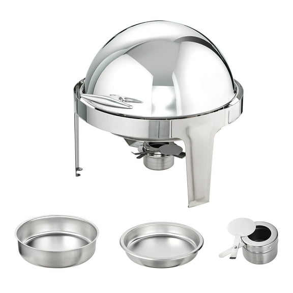 KFFKFF Round Buffet Warmer Set, 6 Qt Dual Pack, Includes Stainless Steel Servers, 2 Full Pans, Lid, Water Tray, Stand, Fuel Holder, Serves 5  Per Unit