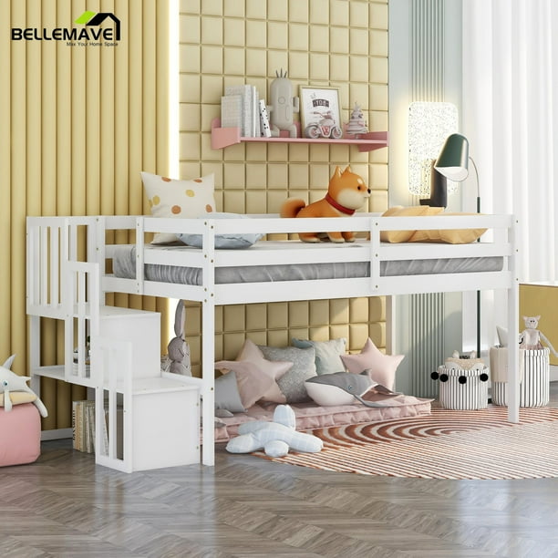 Bellemave Twin Loft Bed with Stairs and Storage, Wood Low Loft Bed for