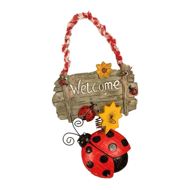 Resin Ladybug Welcome Decor Hanging Sign for Garden Easter Front Open