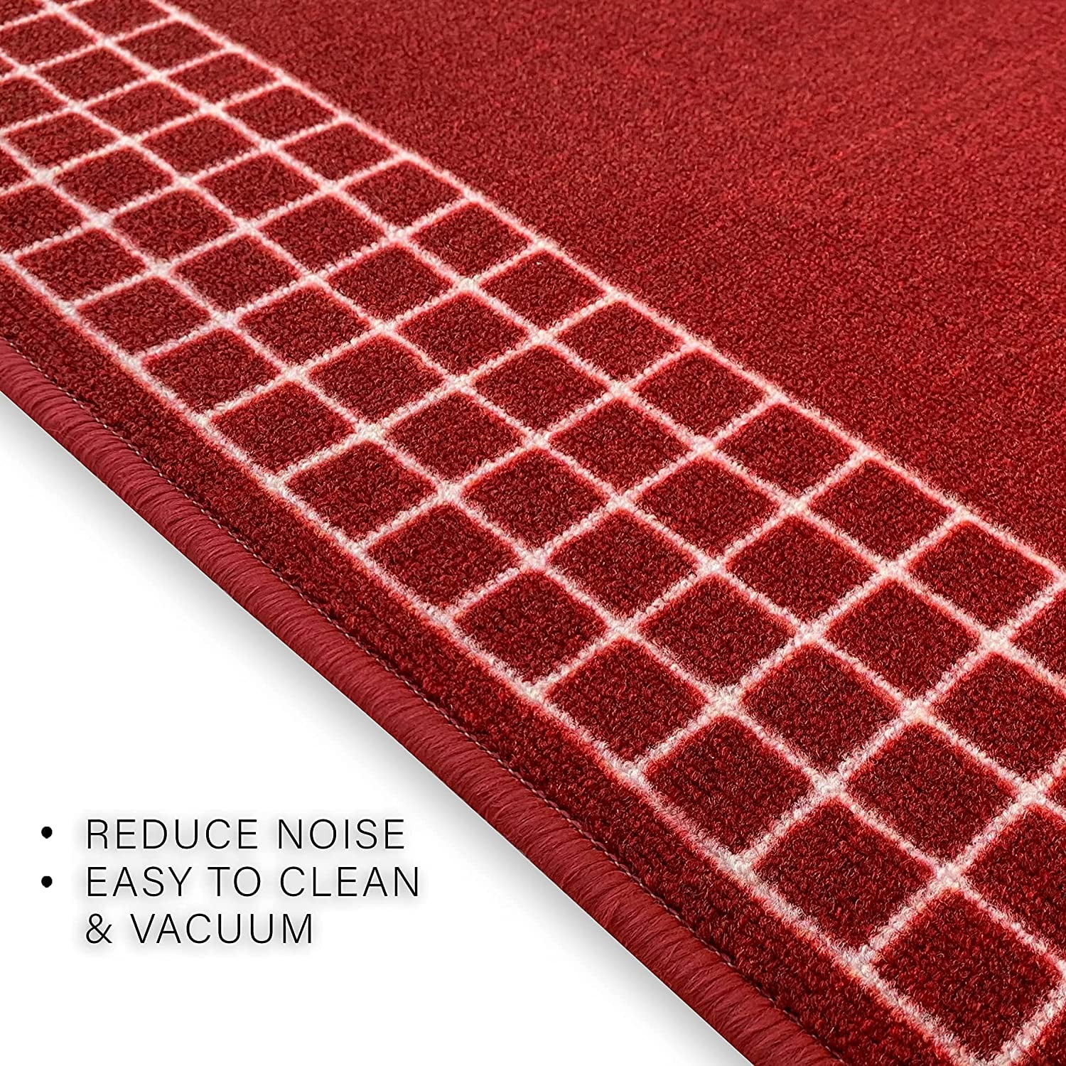 Runner Rug for Hallway Checkered Bordered Red Color 26 Inch or 31 Inch Wide by Your Length Choice Slip Resistant Rubber Backing Stain Resistant Pile Stair Runner