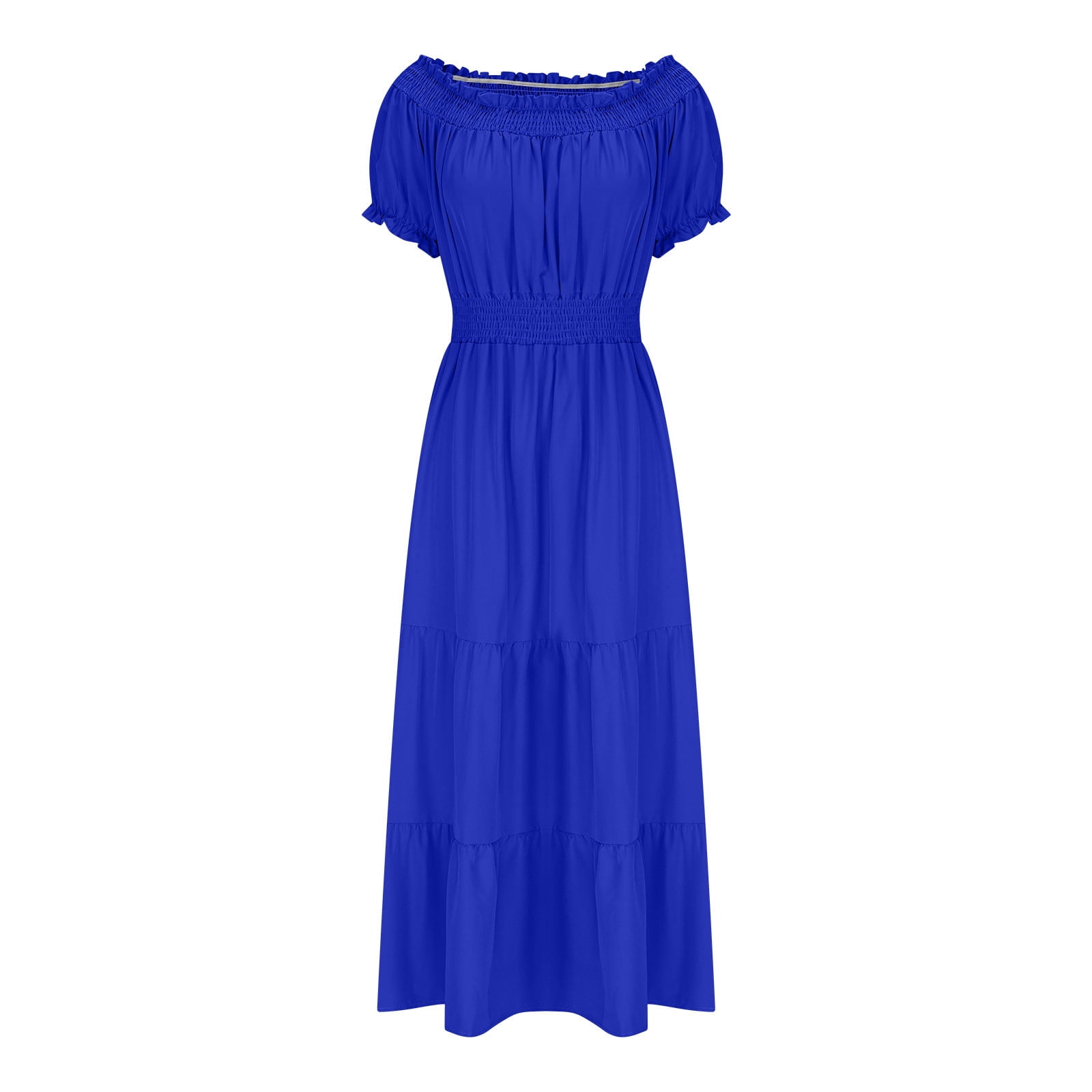 gljltg Ladies Elegant Summer One-shoulder Solid Color Short-sleeved Elastic Waist Women's Dress with Print, Stylish Fashionable for Women, Ladies, Suitable for Casual, Party, Daily, Beach