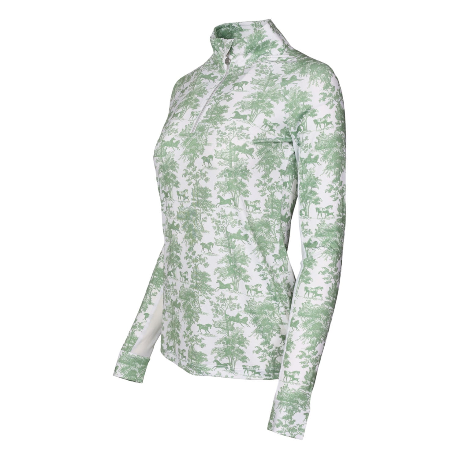 Dapplebay Equestrian Toile 1/4 Zip Light Riding Top - Long Sleeve-Green/White-XXL