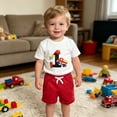 thumbnail image 2 of mgoYE Baby Boy First Birthday Outfit Fire Truck Embroidered Short Sleeve T-shirt Solid Shorts Summer 1St Birthday Clothes(White,12-18 Months), 2 of 5