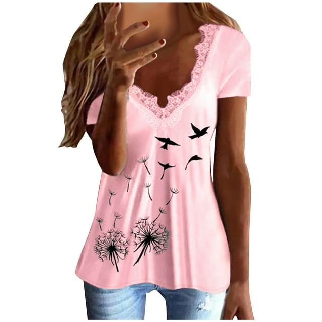 Blusa superior sexy de manga corta con retazos de encaje con cuello en V de verano para mujer Fridja ghk6209