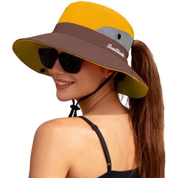 Stcylzfu Women's Ponytail Safari Sun Hat,Wide Brim UV Protection Outdoor Bucket Hat,Foldable Beach Summer Fishing Hat