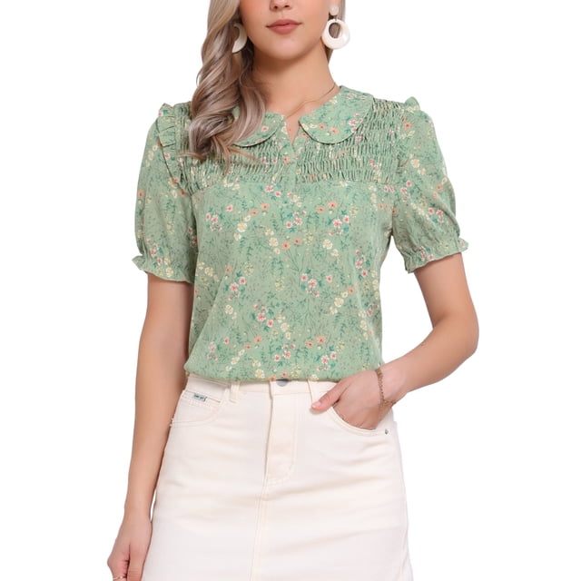 INSPIRAR CHIC Blusa de manga corta con volantes y cuello Peter Pan de flores para mujer M Verde