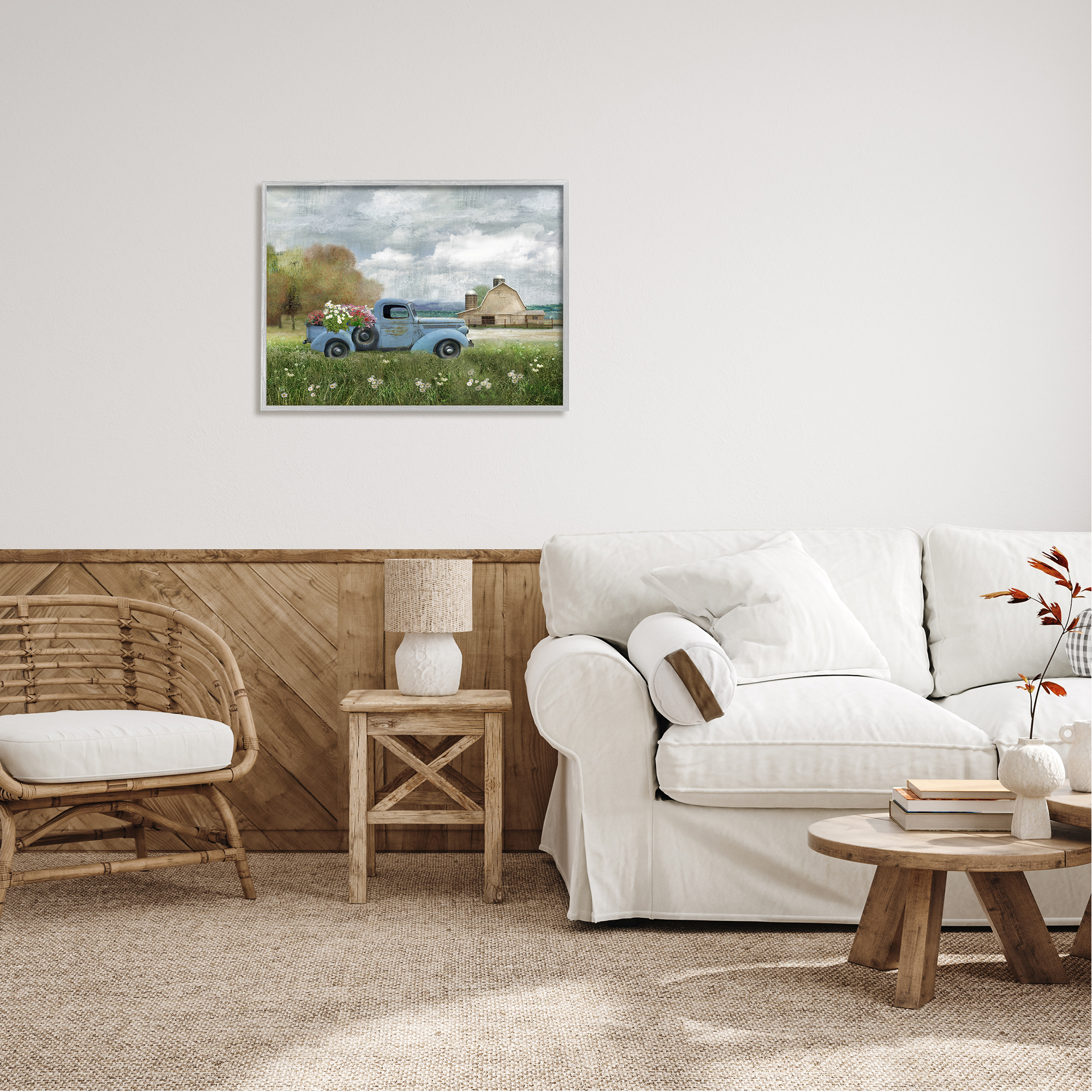 Stupell Industries Vintage Blue Truck Flower Bouquet Cloudy Sky Farmhouse , 30 x 24, Design by Nan