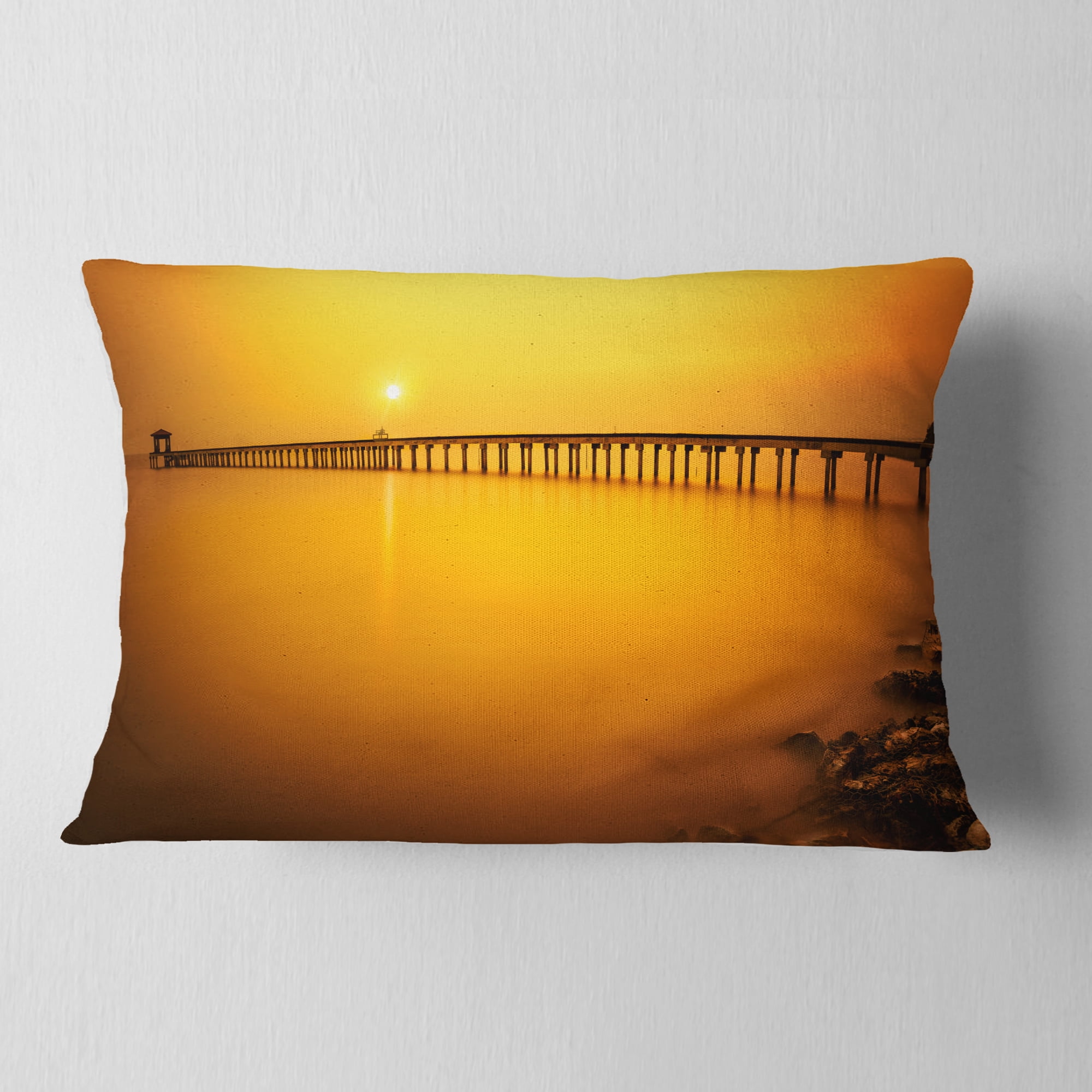 Designart Yellow Tinged Seashore and Long Pier - Pier Seascape Throw Pillow - 12x20
