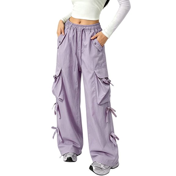 TIREOW Girls Cargo Sweatpants Elastic Waist Wide Leg Cargo Sweat Pants Baggy Casual Lightweight Cargo Trousers with Multi-Pockets