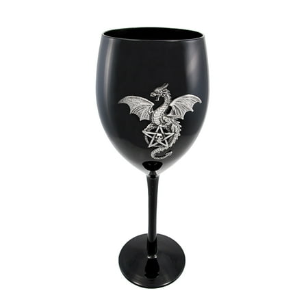 Glossy Black Glass Dragon Pentagram Wine Goblet Glass Pagan