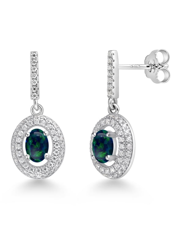 925 Sterling Silver Simulated Green Opal and White Moissanite Dangle Earrings for Women (1.51 Cttw, Gemstone October Birthstone, Oval Cabochon 6X4MM)