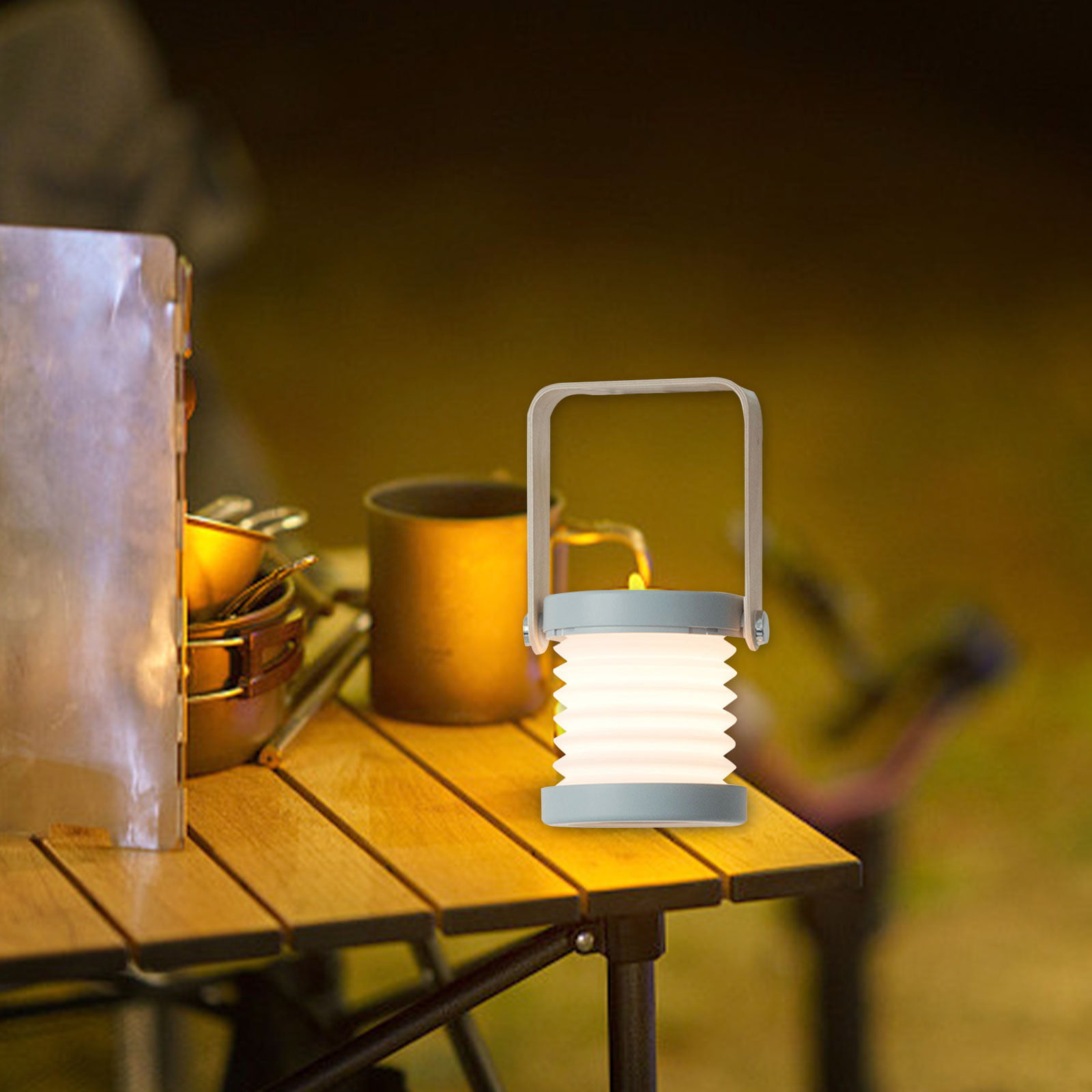 Portable LED Lamp Lantern USB Wooden Handle Telescopic Folding Garden Home