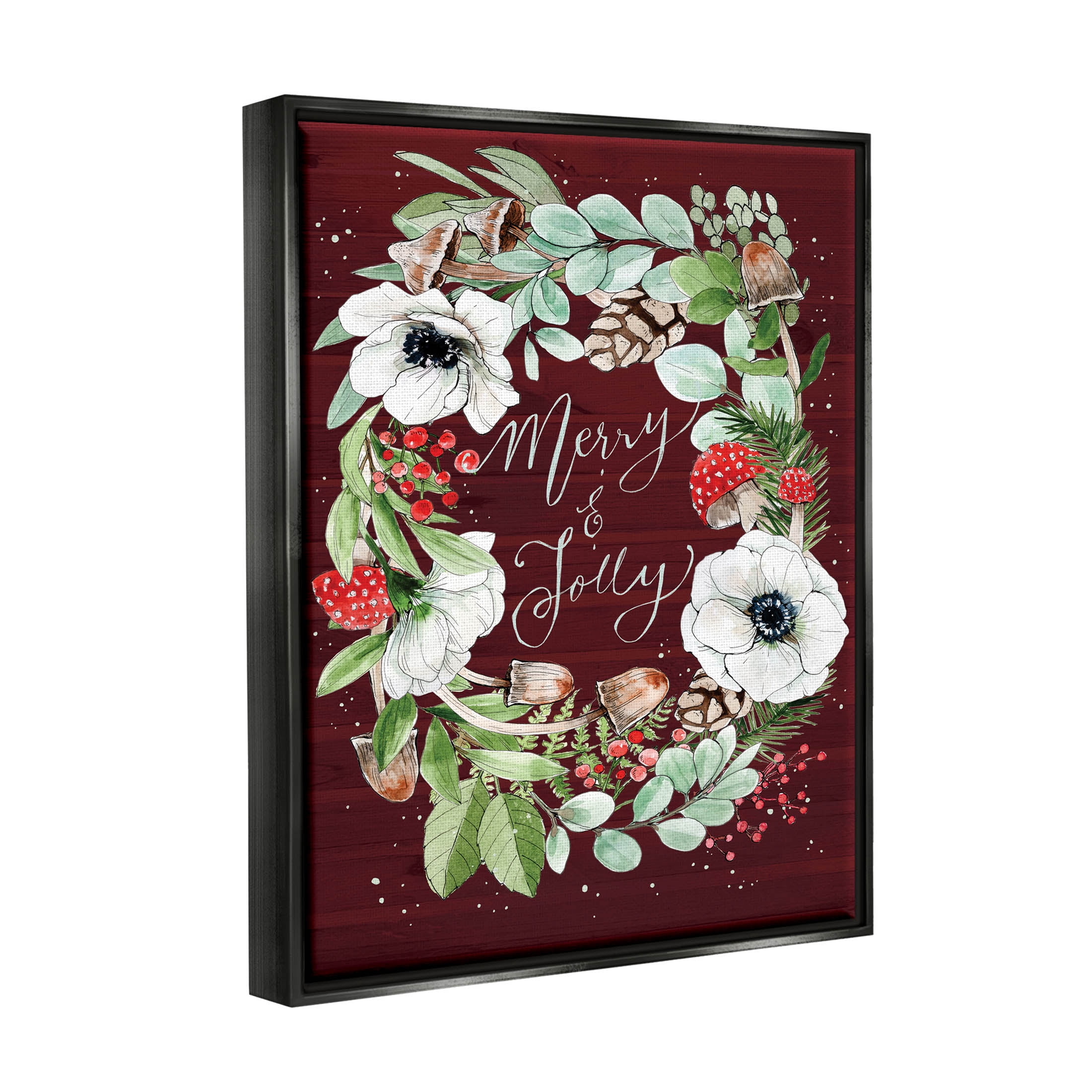 Merry & Jolly Seasonal Mushroom Wreath Holiday Graphic Art Jet Black Framed Art Print Wall Art