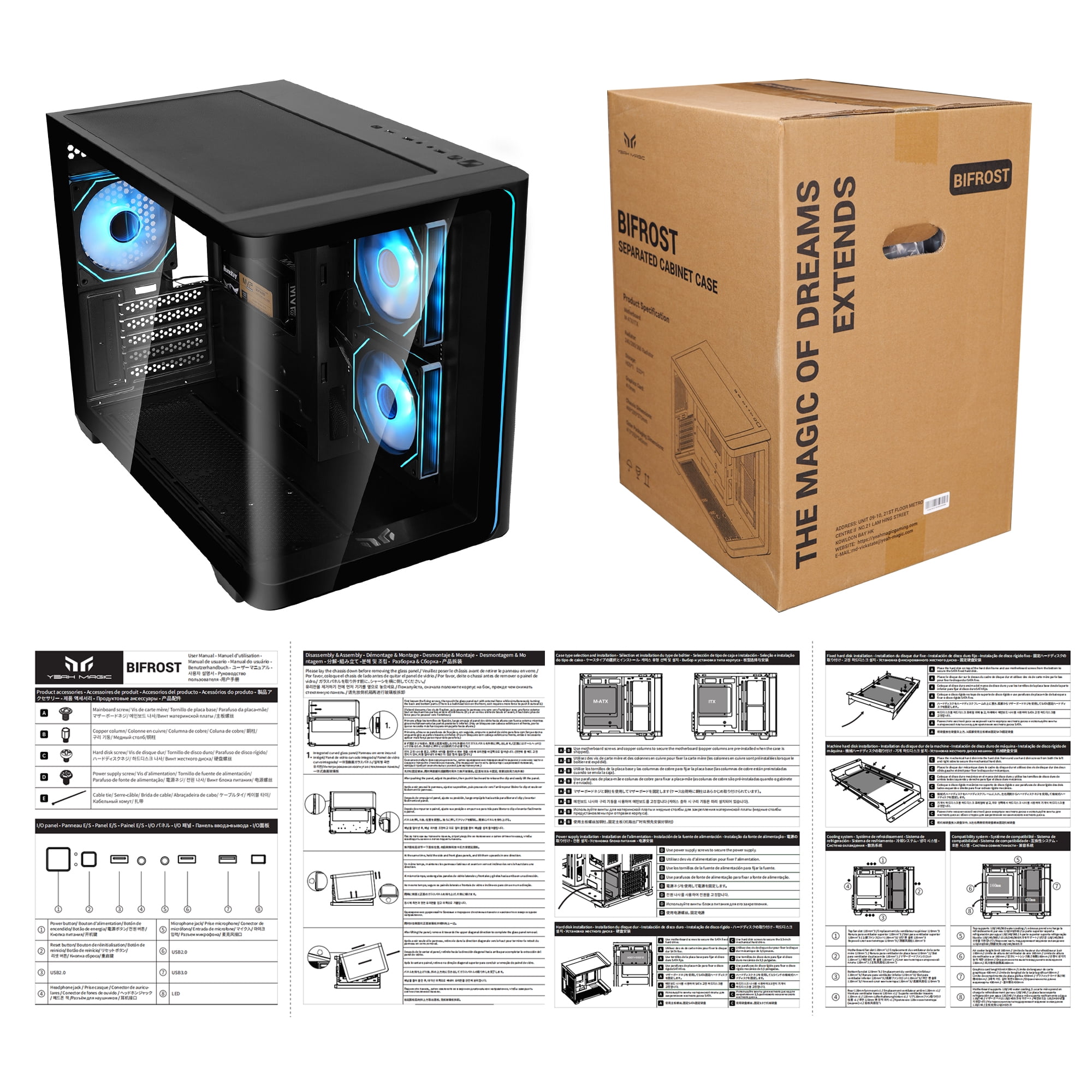 YEAH MAGIC Biforst MATX PC Gaming Case ARGB Full Clear-Side High-Airflow Light Strip Sturdy One-Piece Curved Glass With 3 ARGB Fans Mid-Tower Art Computer Chassis Striped Rainbow Lamp Black