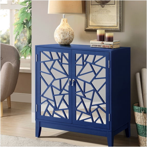JERFIT Modern Blue Console Table with 2 Doors & Mirrored Front, Geometric Pattern Design, for Entryway, Living Room & Hallway