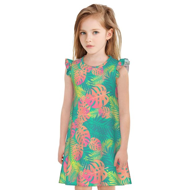Balery Colorful Palm Leaves Camisón de princesa para niñas, pijama de algodón con mangas abullonadas, suave y bonito.-Medium