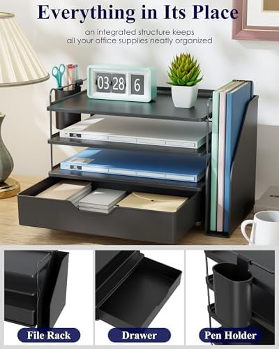 Quivanta Desk Organizer - 4-Tier Office Desk Accessories with Drawer ＆ Pen Holder, Tool-Free Assembly Organizer with Non-Slip Pads, for Office Supplies Storage, Plastic, 13.3" x 8.0" x 10.8", Black