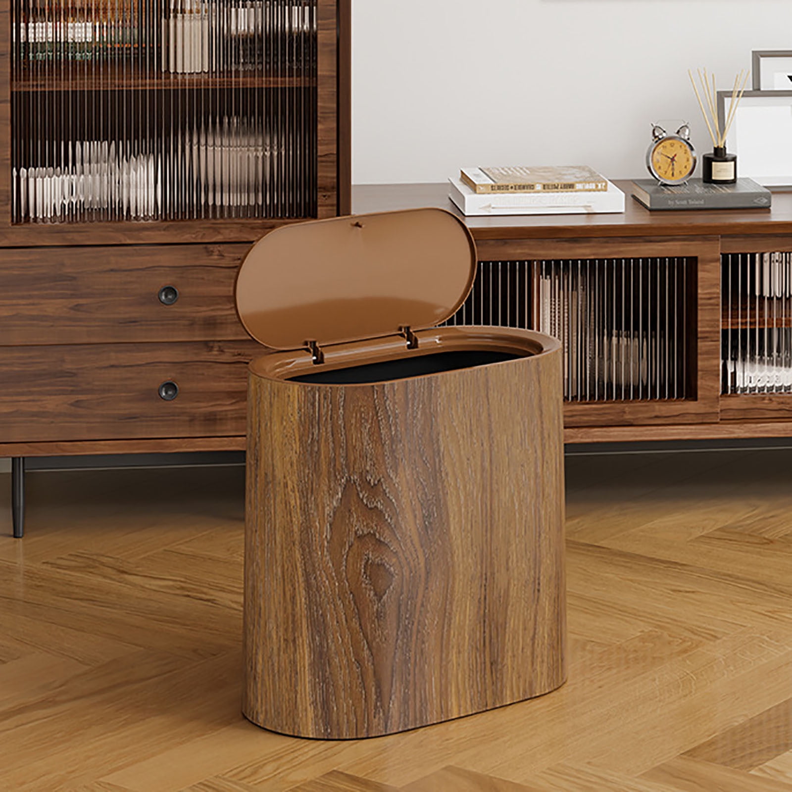 Bathroom Cans with Lids, Marble Wood Pattern Can, Detachable Inner, Small Garbage Bin with Press Type Lid, Narrow Wastebasket for Bathroom Home Indoor Hotel,Brown/2Pack
