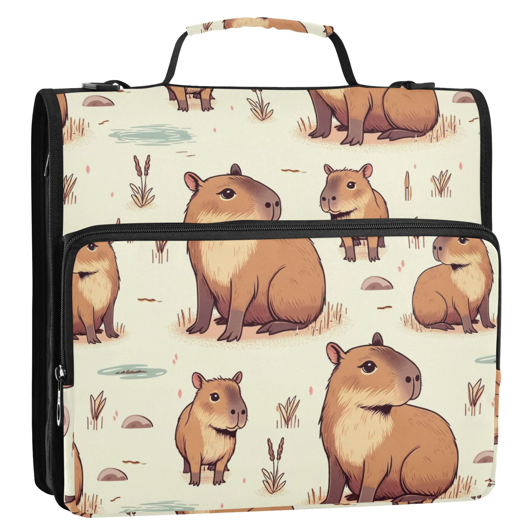 3 Ring Zipper Binder with Shoulder Strap Waterproof Trapper Keeper 2 Inch D-Ring 500 Sheets Capacity Capybara Animal and Plant