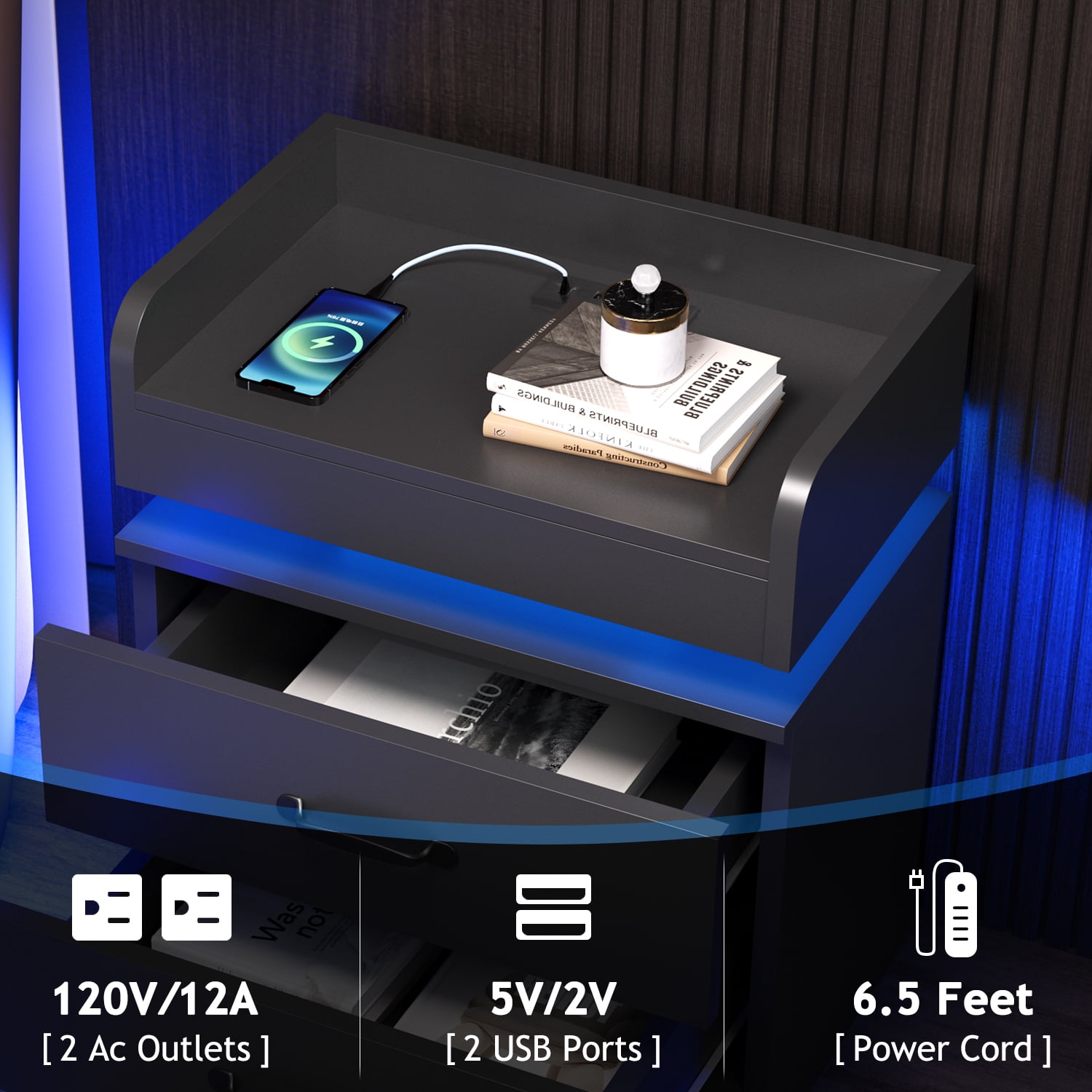 4 EVER WINNER Nightstand with Charging Station, LED Night Stand with 2 Drawers, Modern Beside End Table Side Table for Bedroom Living, Black