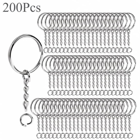 200 Pcs Split Keychain Rings with Chain, 25mm Silver Metal Split Key Ring Hardware for Resin Craft and DIY Key Chain Making