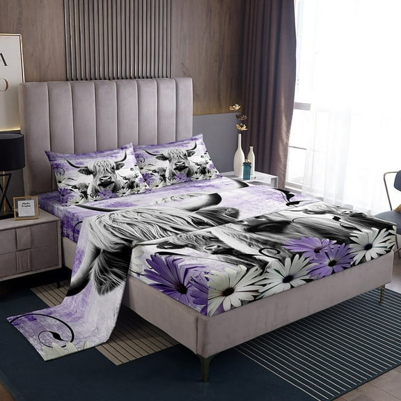 Erosebridal Highland Cow Print Bed Sheets Twin,Purple Western Farmhouse Sheet Set Rustic Home Decor,Longhorn Cattle Farm Animal Fitted Sheet Grunge Daisy Flower Bed Set Cowboys
