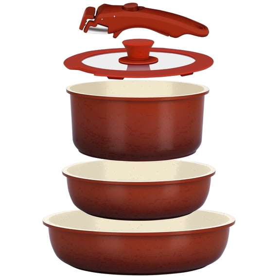 Gipp 5pcs Pots and Pans Set Non Stick,Ceramic Cookware Sets with Removable Handle, Oven & Dishwasher Safe,Induction Cookware,Kitchen Cooking set,Red
