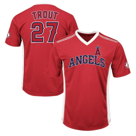 Men's Majestic Mike Trout Red Los Angeles Angels Player Name & Number Cool Base V-Neck T-Shirt