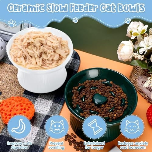 2 Pcs Raised Cat Slow Feeder Bowl Ceramic Elevated Cat Dog Food Bowl No Spill High Edge for Dry Wet Food and Water Easy to Clean, Dishwasher Safe (Dark Green,White)