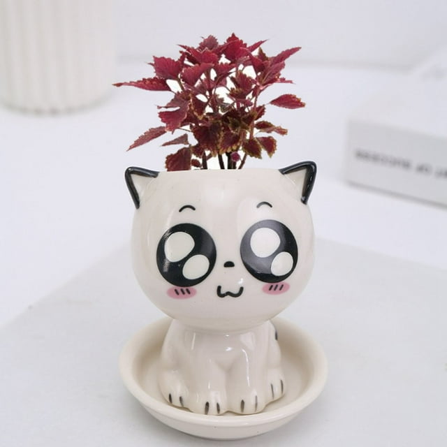 Ceramic Flowerpot Mini Cat Shaped Cartoon Potted Plant Desktop Potted Expression Cat Plant Pot Desk Decorate Small Ornament