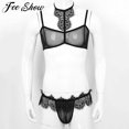thumbnail image 2 of Mens Sissy Exotic Sets See Through Sheer Lace Trim Lingerie Set Bra Top with Open Butt Jockstraps Pouch Briefs UnderwearXL Gong Bohan LED, 2 of 2