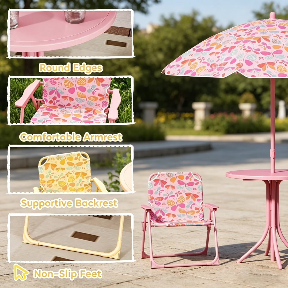 Pink Kids 4-Piece Outdoor Set (Table + 2 Chairs + Umbrella) - Butterfly Design, Foldable & Safe for 2-5 Years Old