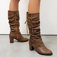 thumbnail image 5 of Slouchy Boots for Women Western Retro Drawstring Soft Leather Pointed Toe Chunky Heel Zipper Mid Calf Booties Winter Knee High Riding Boots Brown Size 8.5, 5 of 7